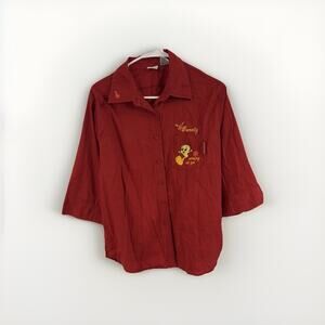 Tweety Bird Vintage Y2K Looney Tunes Embroidered Womens Red Button Up Shirt L